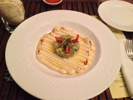 Plated Crabmeat Hummus with Pitta Bread